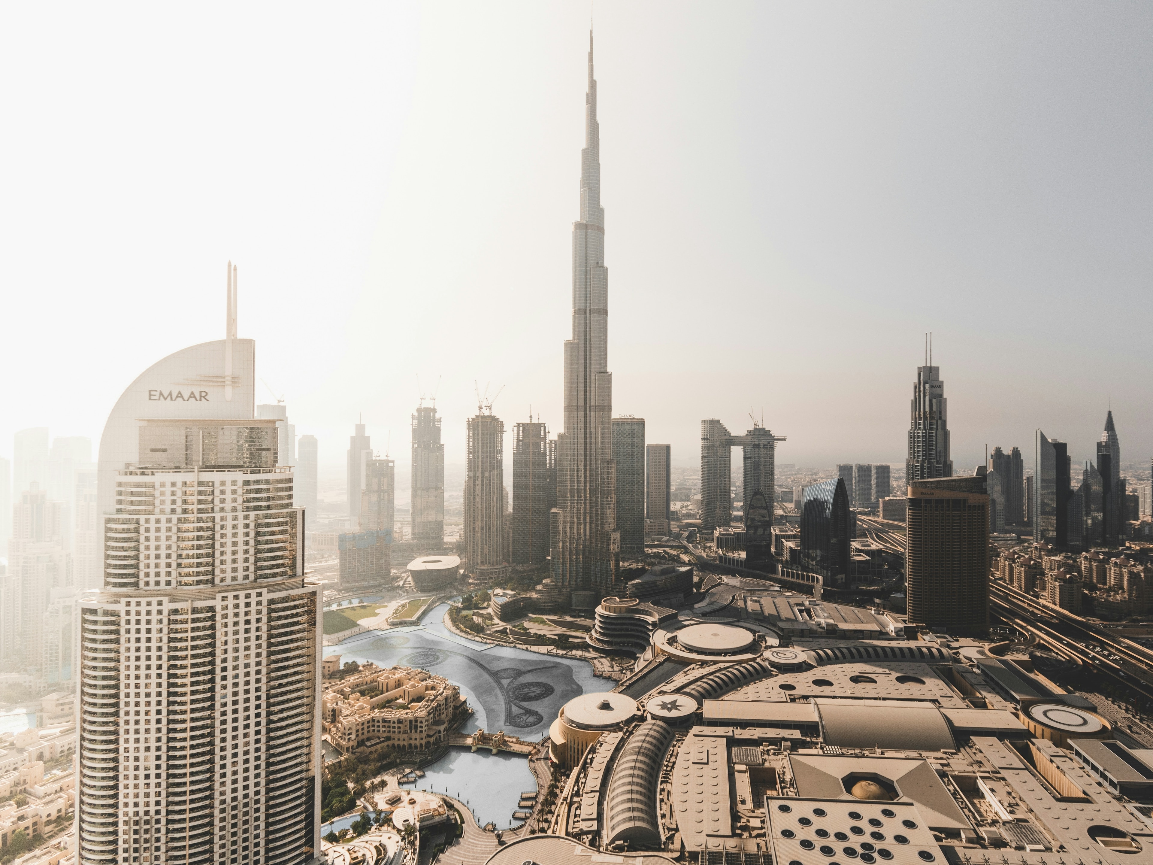 The Dubai skyline in soft morning haze